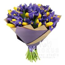 Bouquet of irises and yellow tulips